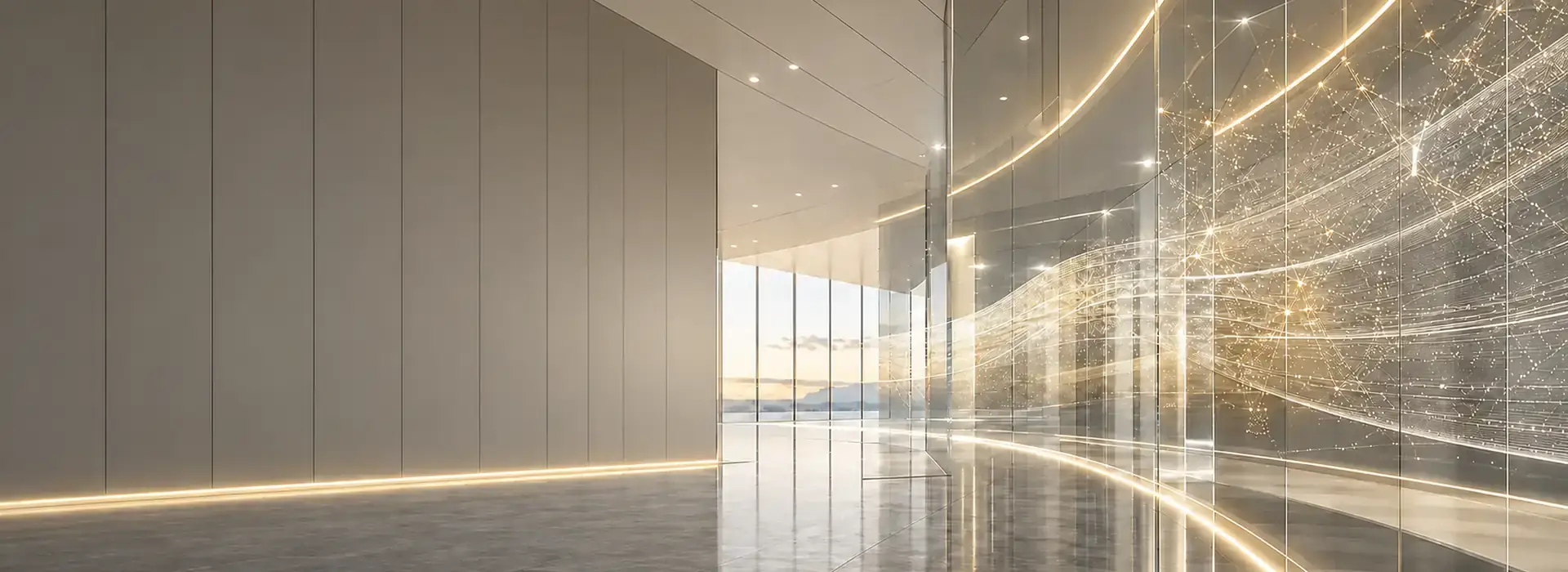 Modern glass interior with flowing illuminated data connections