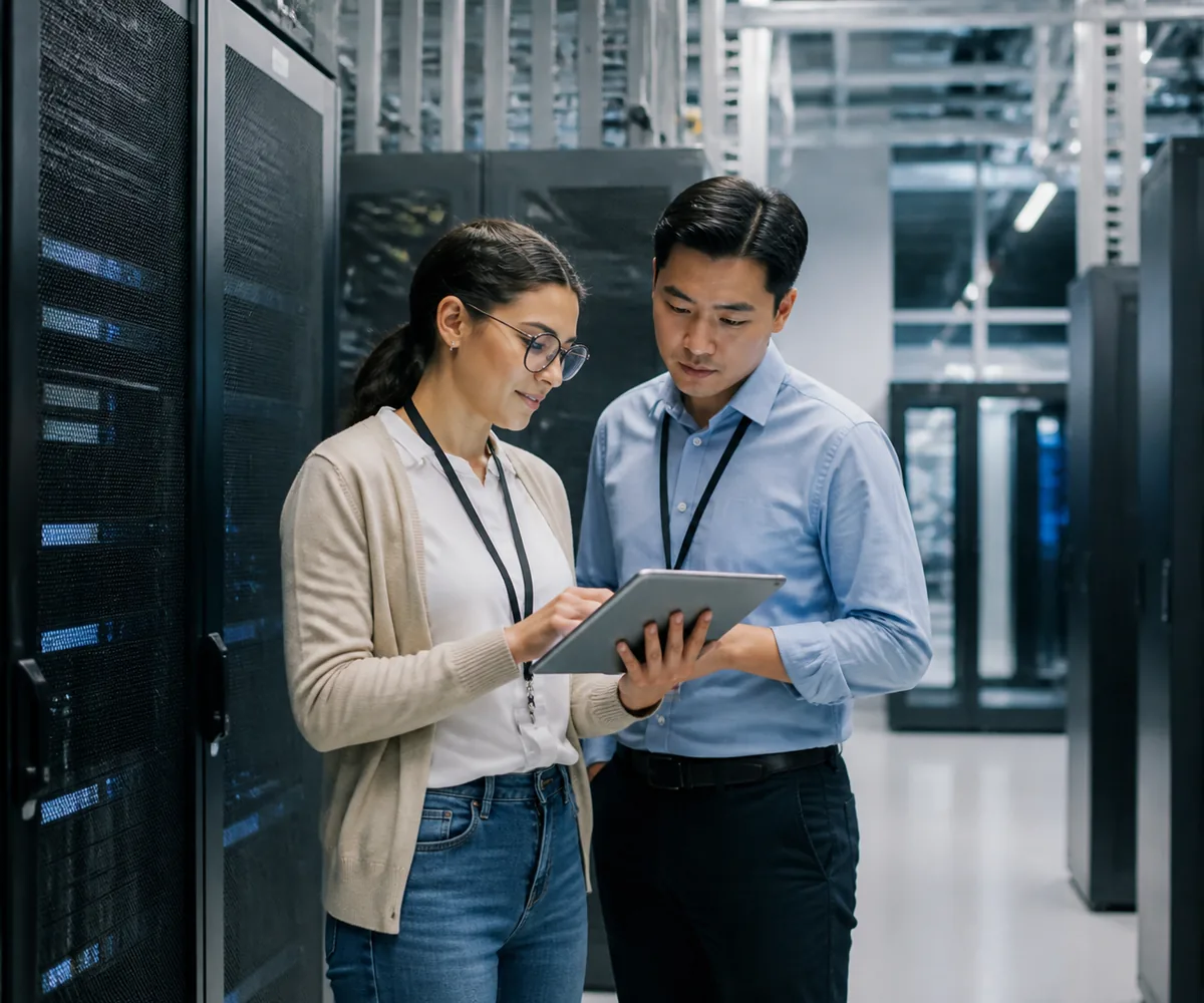 Data specialists reviewing enterprise infrastructure on a tablet
