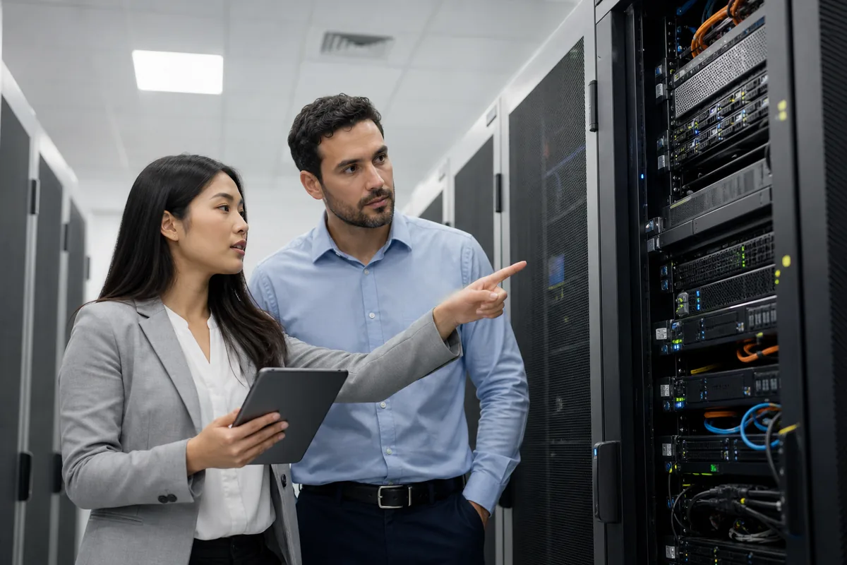 Infrastructure specialists inspecting enterprise server hardware