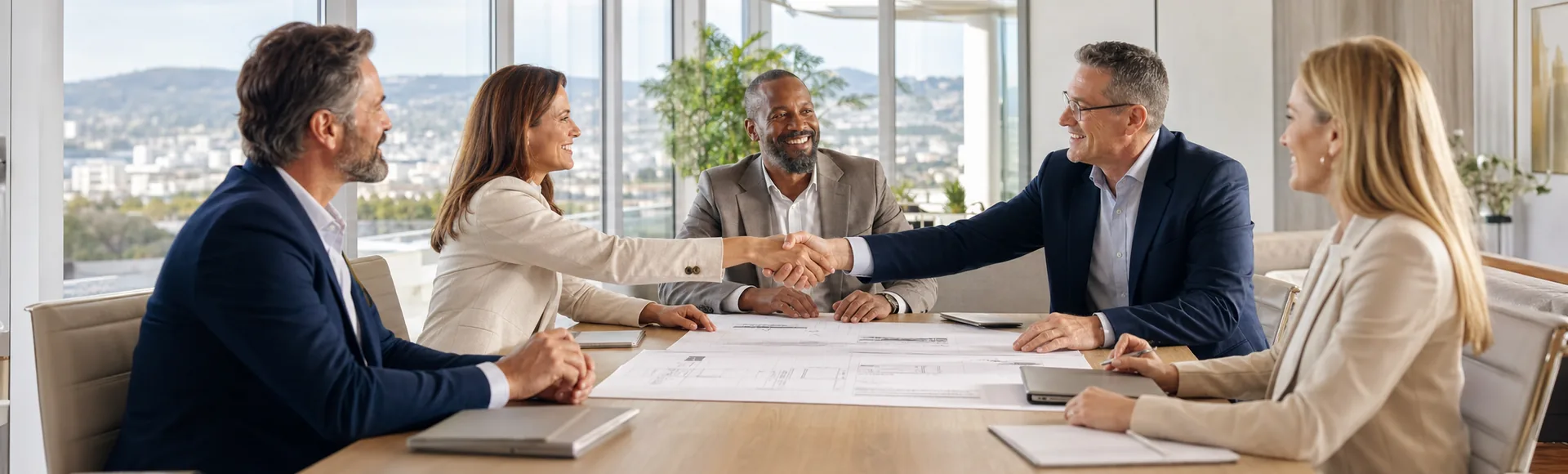 Business partners completing a handshake during a meeting